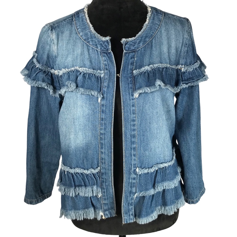 Kensie Tiered Fringe Jean Jacket Blue Denim Ruffle Cropped Vintage Jacket